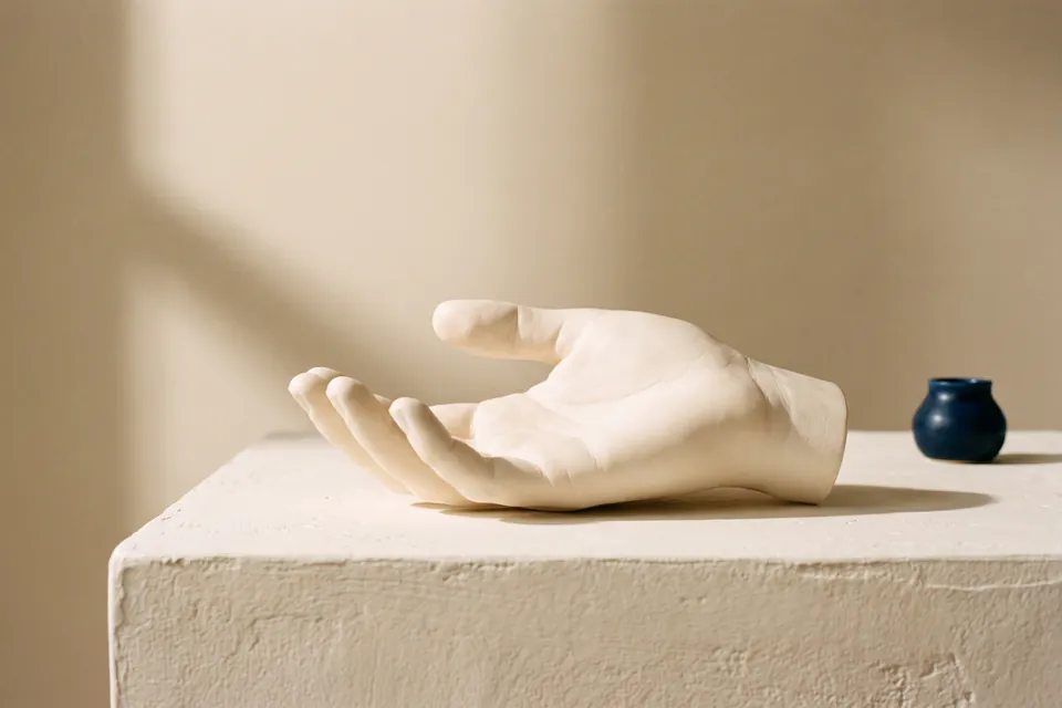 Klassischer Gipsabguss einer entspannten, geöffneten Hand, die Handfläche zeigt nach oben